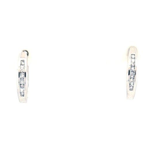 Estate 14k White Gold Channel Set Diamond Hoop Earrings, Small Size Hinged Snap - Picture 2 of 15